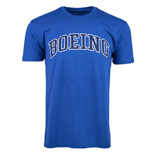 The BOEING Varsity Logo Mens Soft Slim-Fit T-Shirt features a blue, ring-spun cotton design with the bold varsity logo in white across the chest.