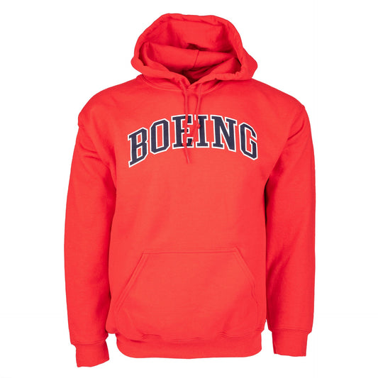 Red hoodie with navy Boeing varsity logo across the chest. Front pouch pocket