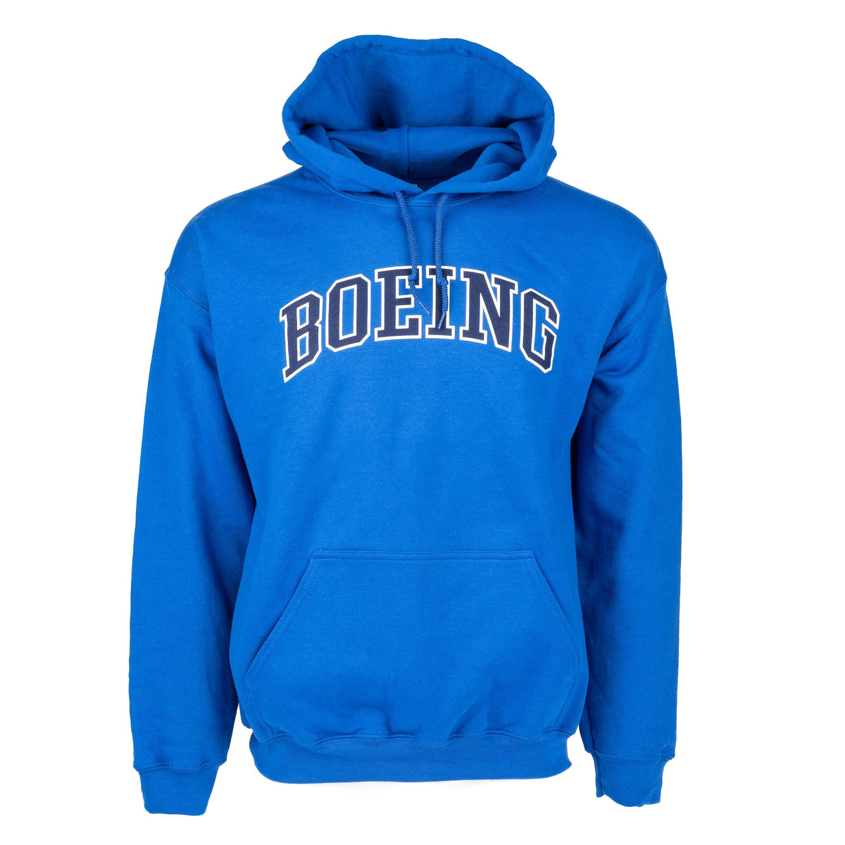 Royal hoodie with navy Boeing varsity logo across the chest. Front pouch pocket