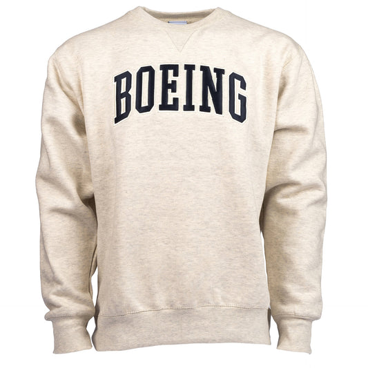 Adult crewneck sweater in oatmeal color. Dark navy Boeing varsity logo across the chest.