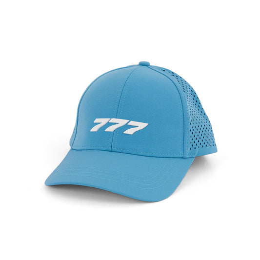 The Boeing 777 Series Hat by BOEING features a light blue design, white 777 on the front, perforated mesh back panels, and a velcro closure for easy adjustment.