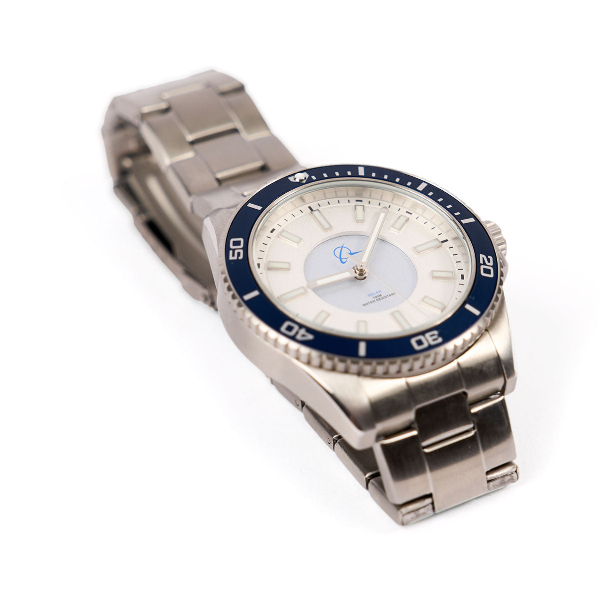 The Boeing Store’s Boeing Symbol Men’s Stainless Steel Solar Watch 42.5 mm features a silver band, white dial with blue bezel, white hour markers, and logo, shown on a white background.