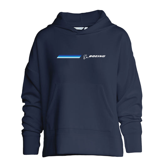 The Boeing Women's Signature Logo Stripe Hoodie by BOEING features a navy blue design with a front pocket, thumb holes, and a chest logo of blue stripes and an aircraft for a sleek, casual look.