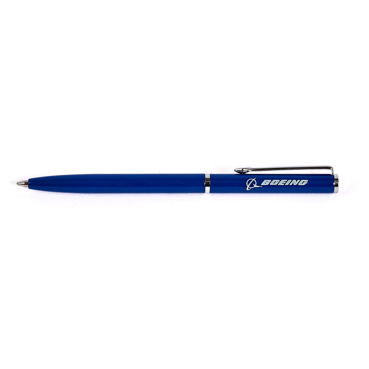 The Boeing Stores Mini Slim Ballpoint Pen features a sleek blue design with silver clip and tip, displaying the Boeing logo in white. Its brass metal accents add elegance against a pristine white background.