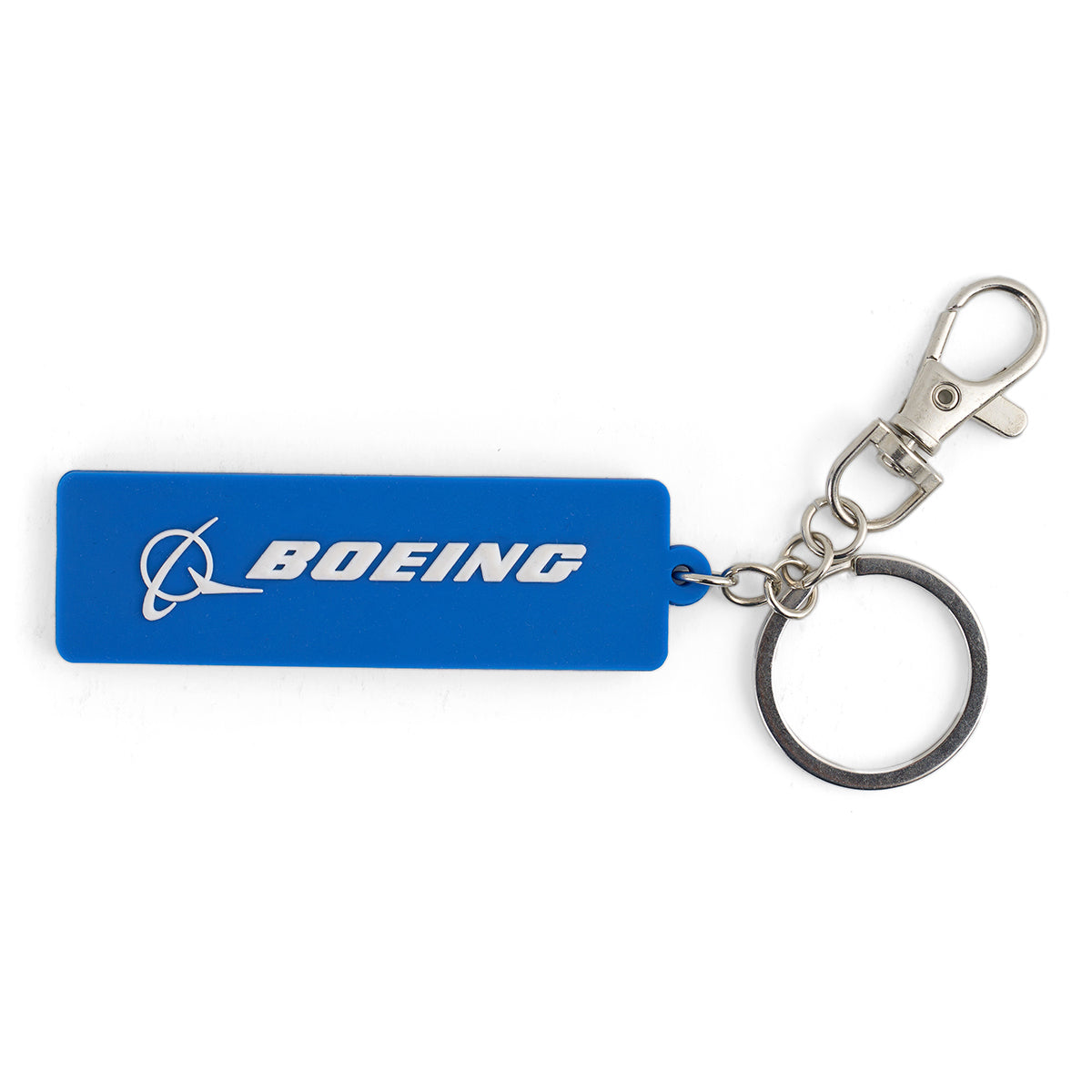 The Boeing 787 Dreamliner Series Keychain by BOEING features a blue rectangle with a white logo and text, attached to a metal keyring and silver lobster clasp—ideal for aviation enthusiasts or Boeing fans.