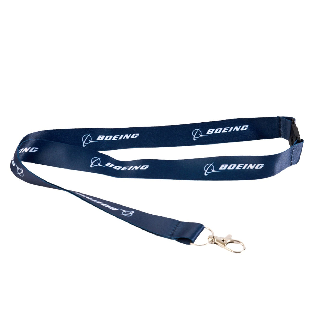 The Boeing Store's Boeing Sustainable Lanyard is made from recycled plastic bottles, features a navy blue color with the name in white, and includes a metal clasp for attaching items.