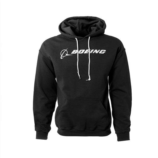 Black hoodie with white Boeing signature logo across the chest. Front kangaroo pouch and white drawstrings.