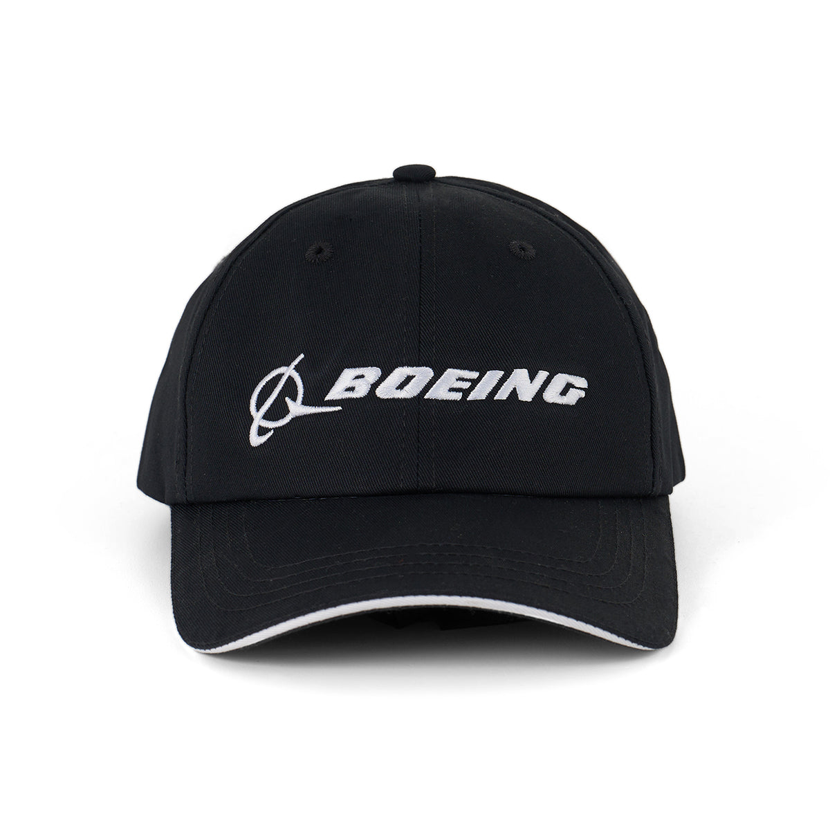 The BOEING Signature Logo Black Hat features white embroidered branding on black cotton twill, reflecting classic aerospace style.