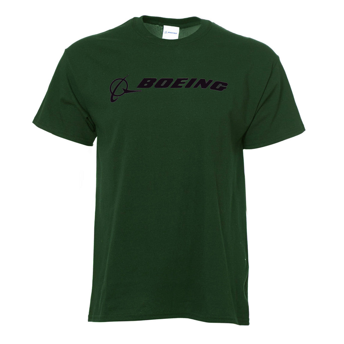 Product image of the t-shirt in a military green color with black Boeing logo across the chest.