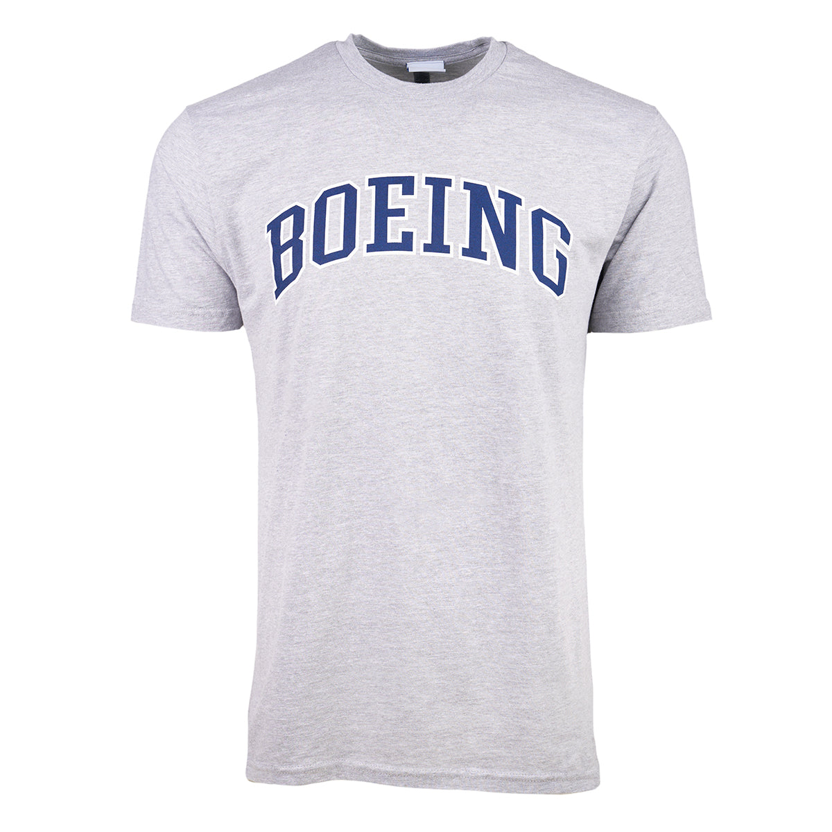 The Boeing Varsity Logo Mens Soft Slim-Fit T-Shirt by BOEING is light gray, crafted from soft ring-spun cotton, and features bold navy varsity lettering across the chest.