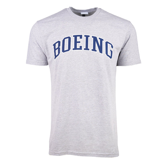 The Boeing Varsity Logo Mens Soft Slim-Fit T-Shirt by BOEING is light gray, crafted from soft ring-spun cotton, and features bold navy varsity lettering across the chest.