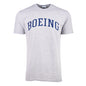 The Boeing Varsity Logo Mens Soft Slim-Fit T-Shirt by BOEING is light gray, crafted from soft ring-spun cotton, and features bold navy varsity lettering across the chest.
