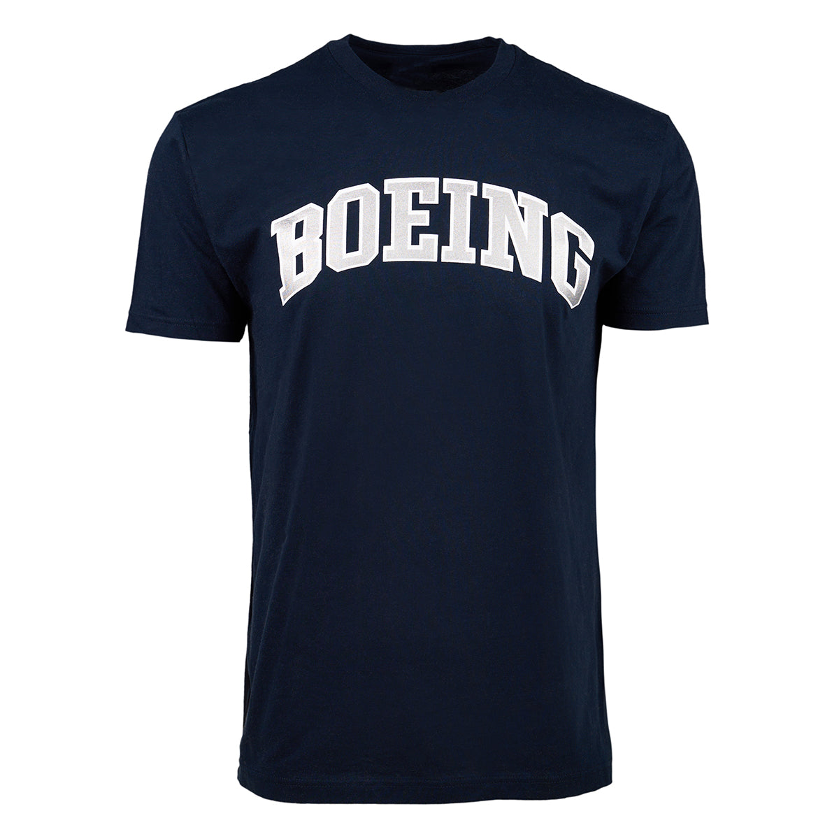 The Boeing Varsity Logo Mens Soft Slim-Fit T-Shirt by BOEING is navy blue, made from soft ring-spun cotton, and features the bold white Boeing Varsity Logo across the chest.