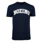 The Boeing Varsity Logo Mens Soft Slim-Fit T-Shirt by BOEING is navy blue, made from soft ring-spun cotton, and features the bold white Boeing Varsity Logo across the chest.