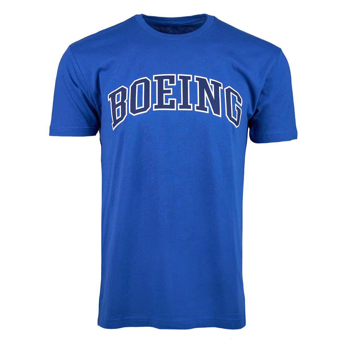 The BOEING Varsity Logo Mens Soft Slim-Fit T-Shirt features a blue, ring-spun cotton design with the bold varsity logo in white across the chest.