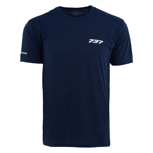 The Boeing 737 Series Unisex T-Shirt by BOEING features a navy blue, moisture-wicking design with 737 in white on the left chest and BOEING on the sleeve, shown against a plain white background—perfect for aviation fans.