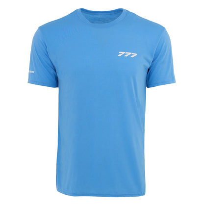 The Boeing 777 Series Unisex T-Shirt by BOEING is a light blue performance tee with short sleeves, featuring a small white 777 logo on the left chest and another white logo on the right sleeve, shown on a white background.