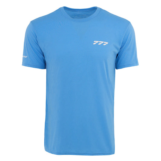 The Boeing 777 Series Unisex T-Shirt by BOEING is a light blue performance tee with short sleeves, featuring a small white 777 logo on the left chest and another white logo on the right sleeve, shown on a white background.