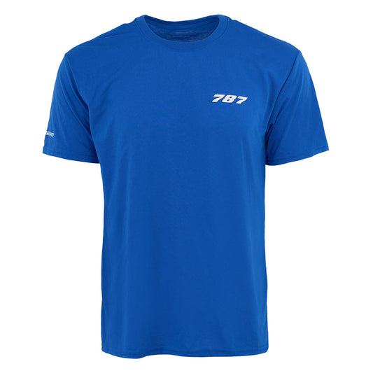 The BOEING 787 Dreamliner Series Unisex T-Shirt is a blue, moisture-wicking tee with a white 787 on the left chest, featuring short sleeves and a crew neck—ideal for aviation fans.