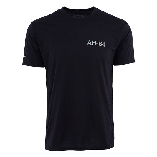The Boeing AH-64 Apache Series Unisex T-Shirt by BOEING is a plain black, short-sleeve performance tee featuring “AH-64” in white text on the left chest—ideal for aviation fans.