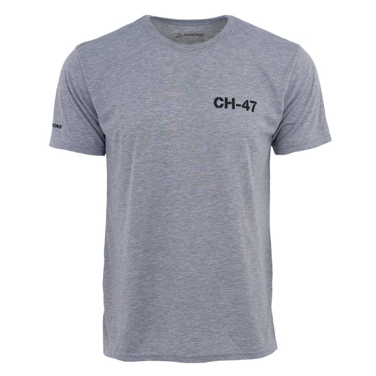 The Boeing CH-47 Chinook Series Unisex T-Shirt by BOEING features a heather gray design, black CH-47 print on the left chest, and a small black logo on the left sleeve—ideal for aviation enthusiasts who value comfort and breathability.