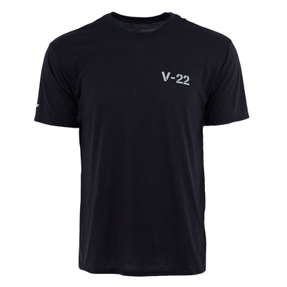 The Boeing V-22 Osprey Series Unisex T-Shirt by BOEING features a plain black, short-sleeve design with V-22 in white on the left chest—ideal for aviation fans. Shirt shown on a white background.