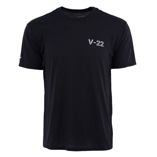 The Boeing V-22 Osprey Series Unisex T-Shirt by BOEING features a plain black, short-sleeve design with V-22 in white on the left chest—ideal for aviation fans. Shirt shown on a white background.