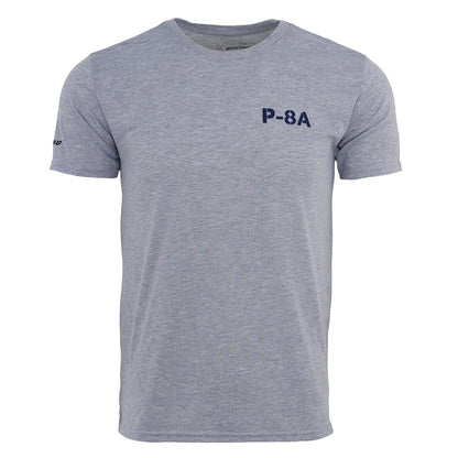 The BOEING P-8A Poseidon Series Unisex T-Shirt is a light gray, breathable short-sleeve tee featuring a navy blue P-8A print on the left chest—ideal for aviation enthusiasts who prefer a simple, comfortable style.