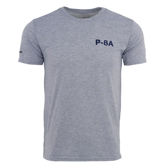 The BOEING P-8A Poseidon Series Unisex T-Shirt is a light gray, breathable short-sleeve tee featuring a navy blue P-8A print on the left chest—ideal for aviation enthusiasts who prefer a simple, comfortable style.