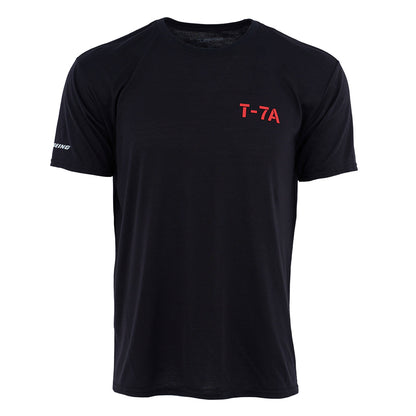 The Boeing T-7A Red Hawk Series Unisex T-Shirt features a black short-sleeve design, T-7A in red on the left chest, and BOEING in white on the left sleeve—ideal for aviation fans. Comfortable and breathable, shown on a plain white background.