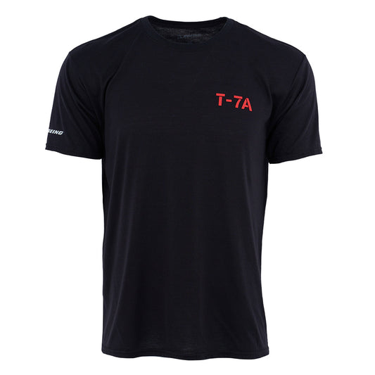 The Boeing T-7A Red Hawk Series Unisex T-Shirt features a black short-sleeve design, T-7A in red on the left chest, and BOEING in white on the left sleeve—ideal for aviation fans. Comfortable and breathable, shown on a plain white background.