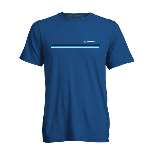 The Boeing Unisex Signature Logo Stripe T-Shirt by BOEING is a blue, 100% cotton short-sleeve tee with a small logo and three horizontal stripes in blue and white across the chest, shown on a plain white background.