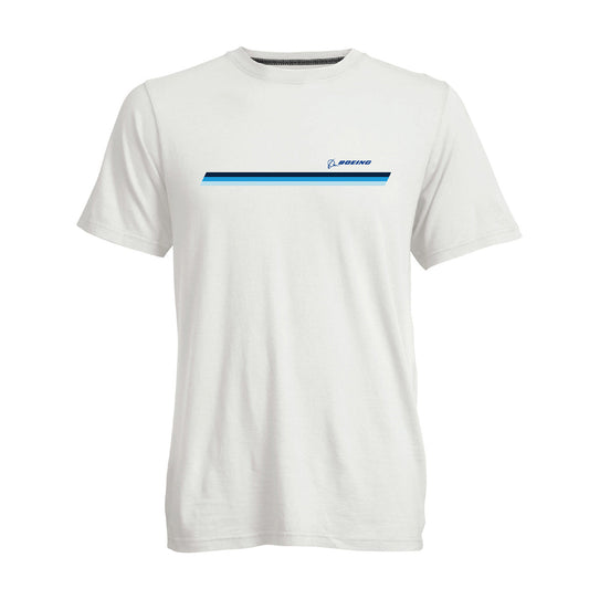 The BOEING Unisex Signature Logo Stripe T-Shirt is a white, 100% cotton vintage wash tee with a small blue stripe and Boeing logo slightly left of center on the upper chest, featuring a minimalistic, simple design.