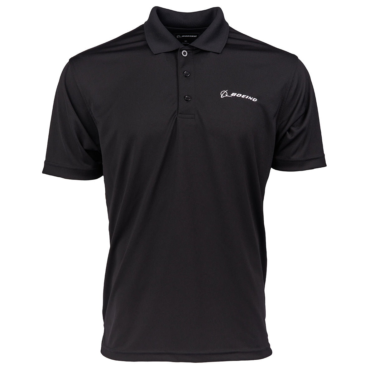 Mesh tech polo in black.  White Boeing signature logo on left chest. 3 buttons on placket.