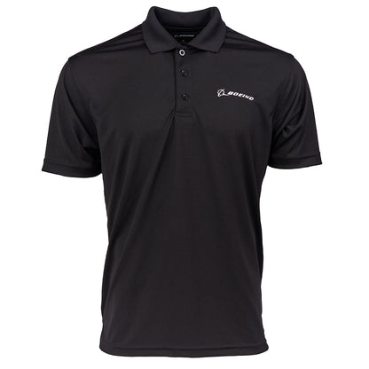 Mesh tech polo in black.  White Boeing signature logo on left chest. 3 buttons on placket.