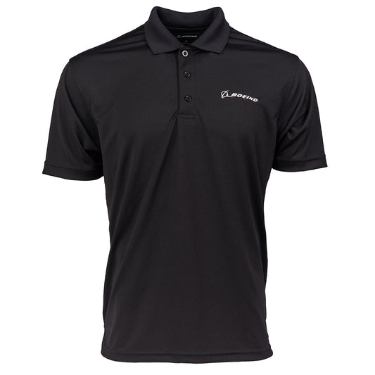 Mesh tech polo in black.  White Boeing signature logo on left chest. 3 buttons on placket.