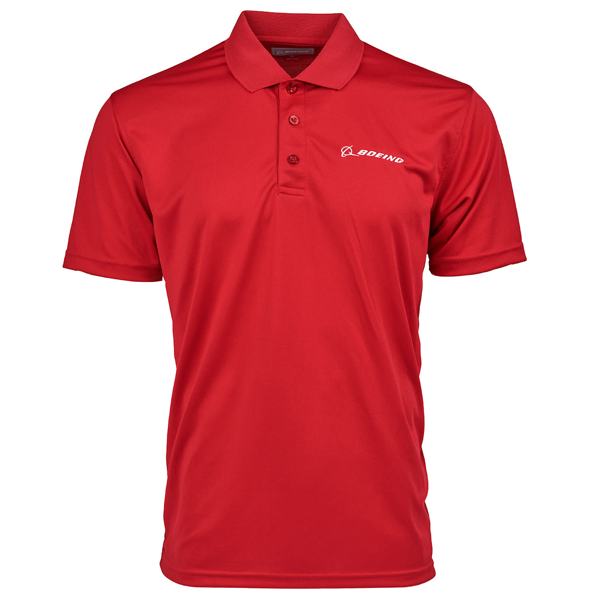 Mesh tech polo in red.  White Boeing signature logo on left chest. 3 buttons on placket.
