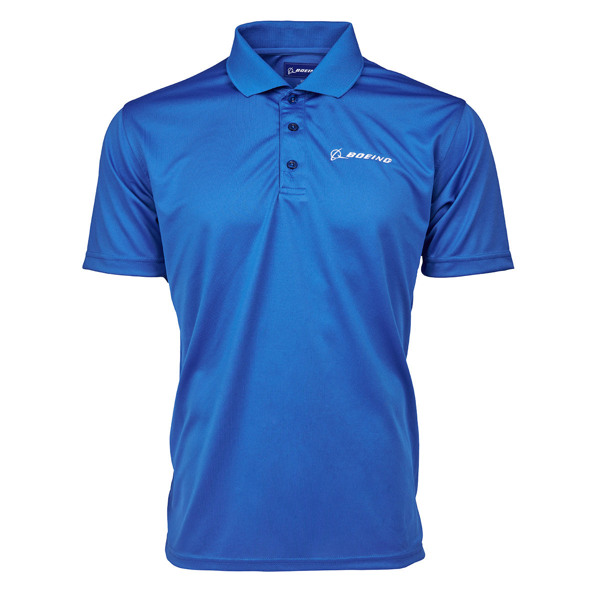 Mesh tech polo in royal.  White Boeing signature logo on left chest. 3 buttons on placket.