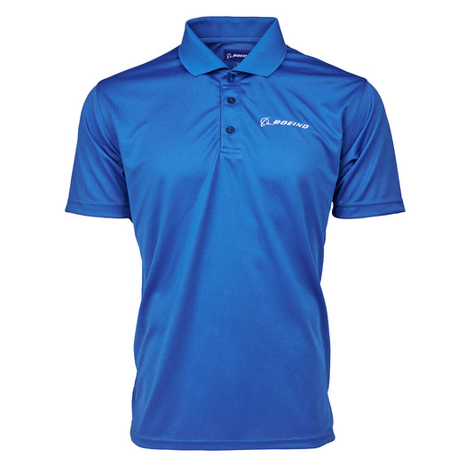 Mesh tech polo in royal.  White Boeing signature logo on left chest. 3 buttons on placket.