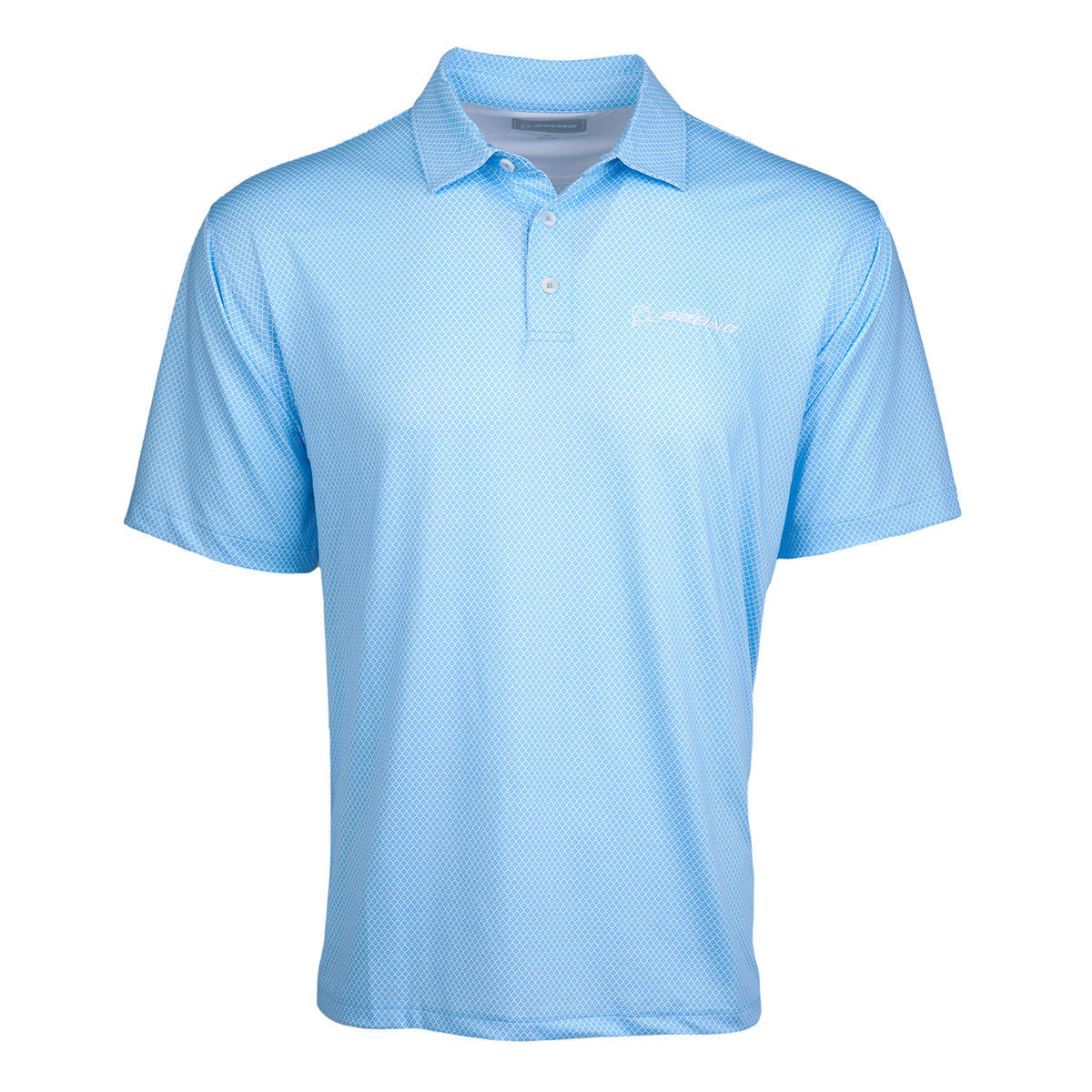The Boeing Signature Logo Mens Pro Eagle Polo, a light blue moisture-wicking shirt with short sleeves and a subtle dot pattern, features a classic collar, three-button placket, and white logo on the left chest. Its elegantly presented against a white background.