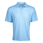 The Boeing Signature Logo Mens Pro Eagle Polo, a light blue moisture-wicking shirt with short sleeves and a subtle dot pattern, features a classic collar, three-button placket, and white logo on the left chest. Its elegantly presented against a white background.