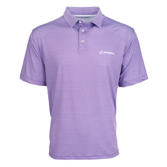 The Boeing Signature Logo Mens Pro Eagle Polo is a purple, short-sleeve shirt featuring a collar, three buttons, a subtle dotted pattern, UV protection, and moisture-wicking fabric. It has an embroidered Boeing logo on the left chest and is displayed on a white background.