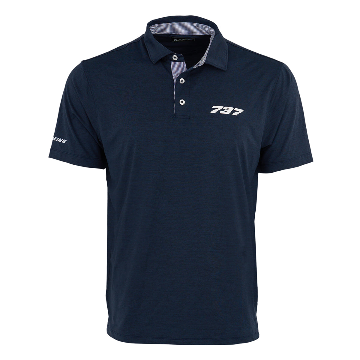 The Boeing 737 Series Men’s Polo by BOEING is a navy blue, moisture-wicking shirt with “737” in white on the left chest and “Boeing” on the sleeve. It features a folded collar, three-button placket, and keeps you cool and dry all day.