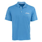 The Boeing 777 Series Men’s Polo by BOEING is a light blue, moisture-wicking shirt with short sleeves, a collar, and three buttons. It features 777 printed in white on the left chest and Boeing on the left sleeve.