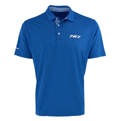 The Boeing 787 Dreamliner Series Men’s Polo by BOEING is a blue short-sleeve shirt with UPF 50, a collar, three white buttons, “787” in white on the left chest, and Boeing printed on the left sleeve.