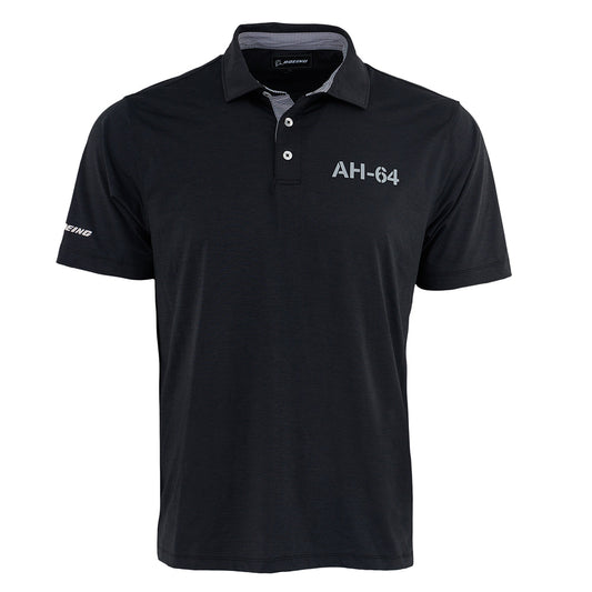 The Boeing AH-64 Apache Series Men’s Polo by BOEING is a black, collared shirt with three buttons, featuring AH-64 on the left chest and Boeing text on the sleeve, offering moisture-wicking comfort for all-day wear.