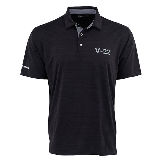 The Boeing V-22 Osprey Series Men’s Polo by BOEING is a black, short-sleeve polo with a collar and three buttons, featuring “V-22” on the chest and “Boeing” on the sleeve. It offers UPF 50 sun protection for all-day comfort.