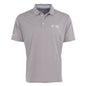 The Boeing F-15 Eagle Series Men’s Polo by BOEING is a light gray, short-sleeve polo with a collar and three buttons, featuring F-15 in white on the chest and Boeing on the sleeve. Moisture-wicking for all-day comfort.