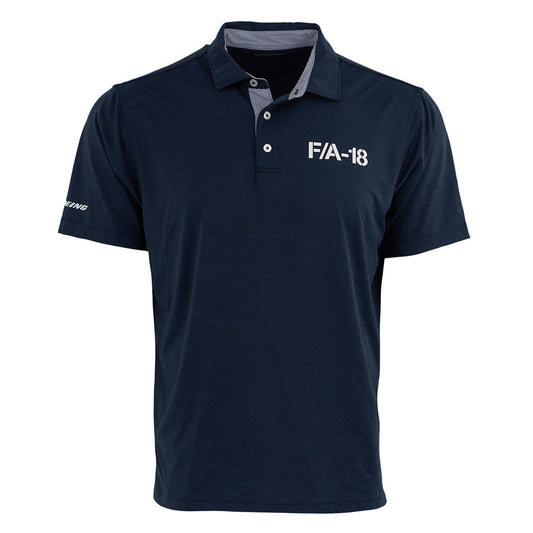 The Boeing F/A-18 Super Hornet Series Men’s Polo by BOEING is a navy blue, moisture-wicking shirt with an embroidered F/A-18 logo on the chest, Boeing on the sleeve, and a button-up collar featuring light gray interior accents.