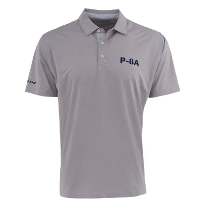 The BOEING P-8A Poseidon Series Men’s Polo is a light gray, short-sleeve shirt with a collar and three buttons, featuring dark blue P-8A on the left chest and Boeing on the sleeve. Moisture-wicking fabric keeps you cool.